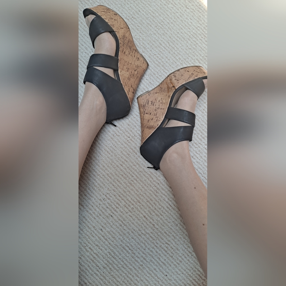 JustFAB Black Leather & Cork Platform Open Toe Slingbacks Size 7.5